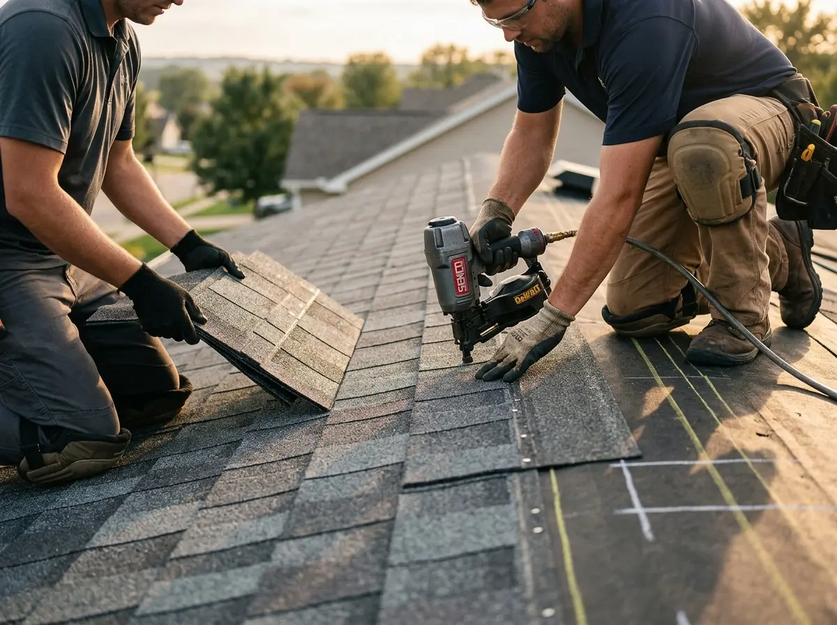 Professional roofer working on a residential roof in Whitfield